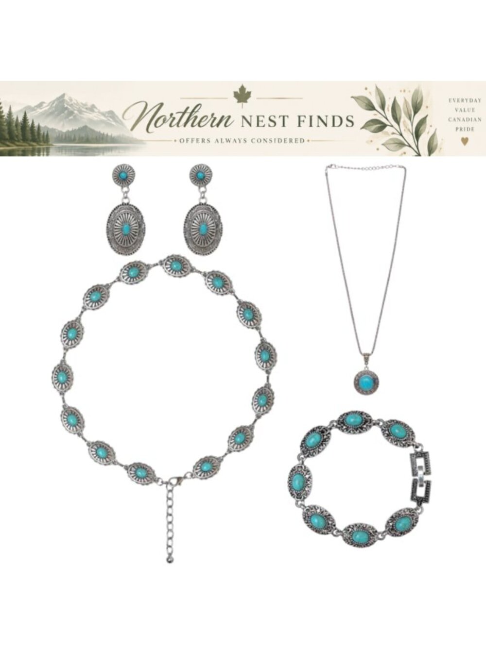 Bohemian Turquoise Jewelry Set 4 Piece Chain Waist Belt Necklace Earrings